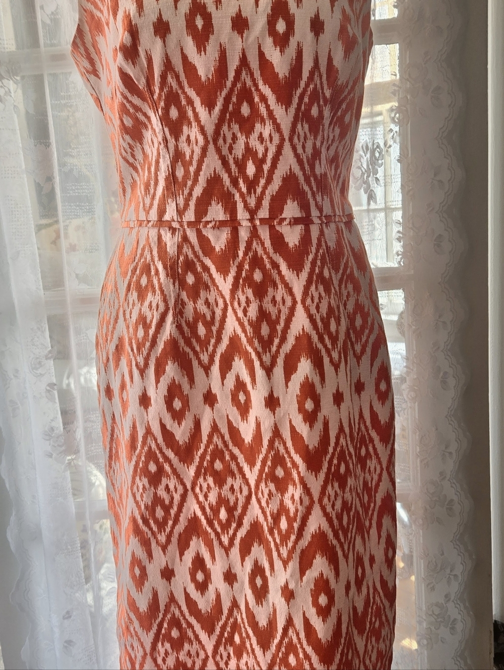 Sleeveless Orange and White Ikat Lined Linen Sheath Dress